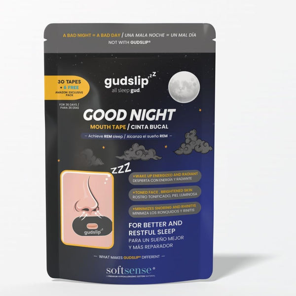 (Amazon)Cinta Bucal GudSlip® – 30+ 6 Cintas Bucales - Adhesivo Hipoalergénico para Promover la Respiración Nasal, Reducir Ronquidos y Mejorar la Calidad del Sueño – Cómoda y Segura para Uso Nocturno