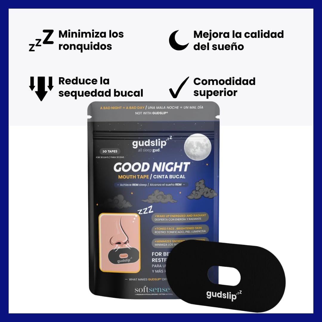 (Amazon) Mundband GudSlip® – 30+ 6 Mundbänder - Hautfreundlicher Klebstoff zur Förderung der Nasenatmung, Verringerung von Schnarchen und Verbesserung der Schlafqualität – Bequem und Sicher für die nächtliche Anwendung