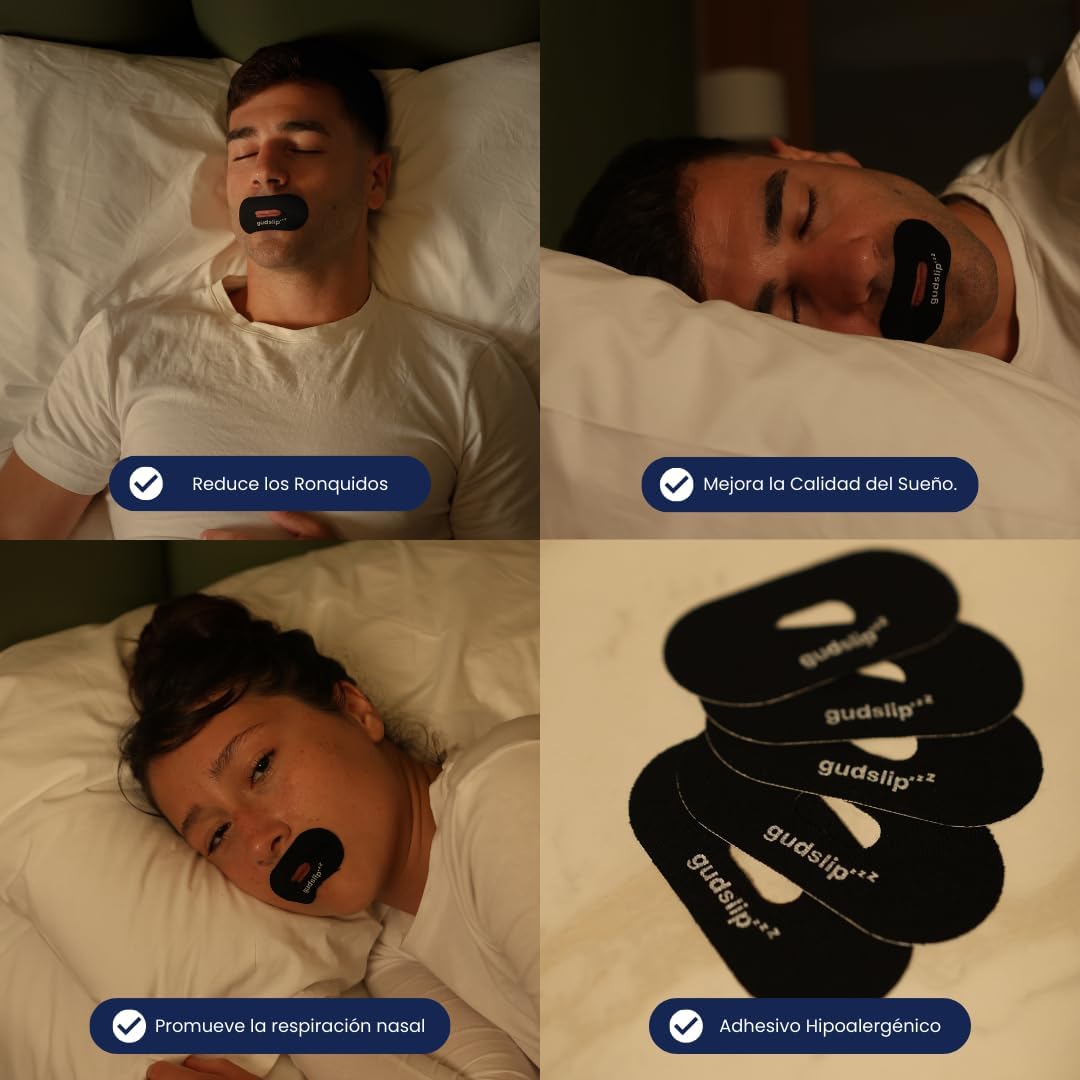 (Amazon)Cinta Bucal GudSlip® – 30+ 6 Cintas Bucales - Adhesivo Hipoalergénico para Promover la Respiración Nasal, Reducir Ronquidos y Mejorar la Calidad del Sueño – Cómoda y Segura para Uso Nocturno
